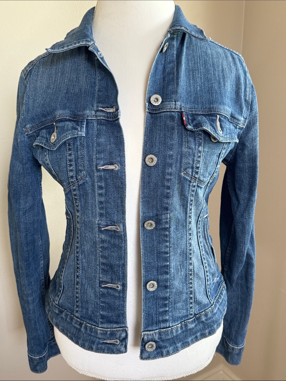 Levi's Denim Jacket in Light Blue with Tan Leather Patch